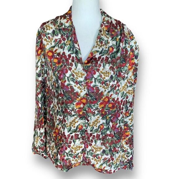 Vintage 90s Shirt Multicolor Fruit Dark Floral Print Reflective Satin Blouse 10 - Picture 3 of 10